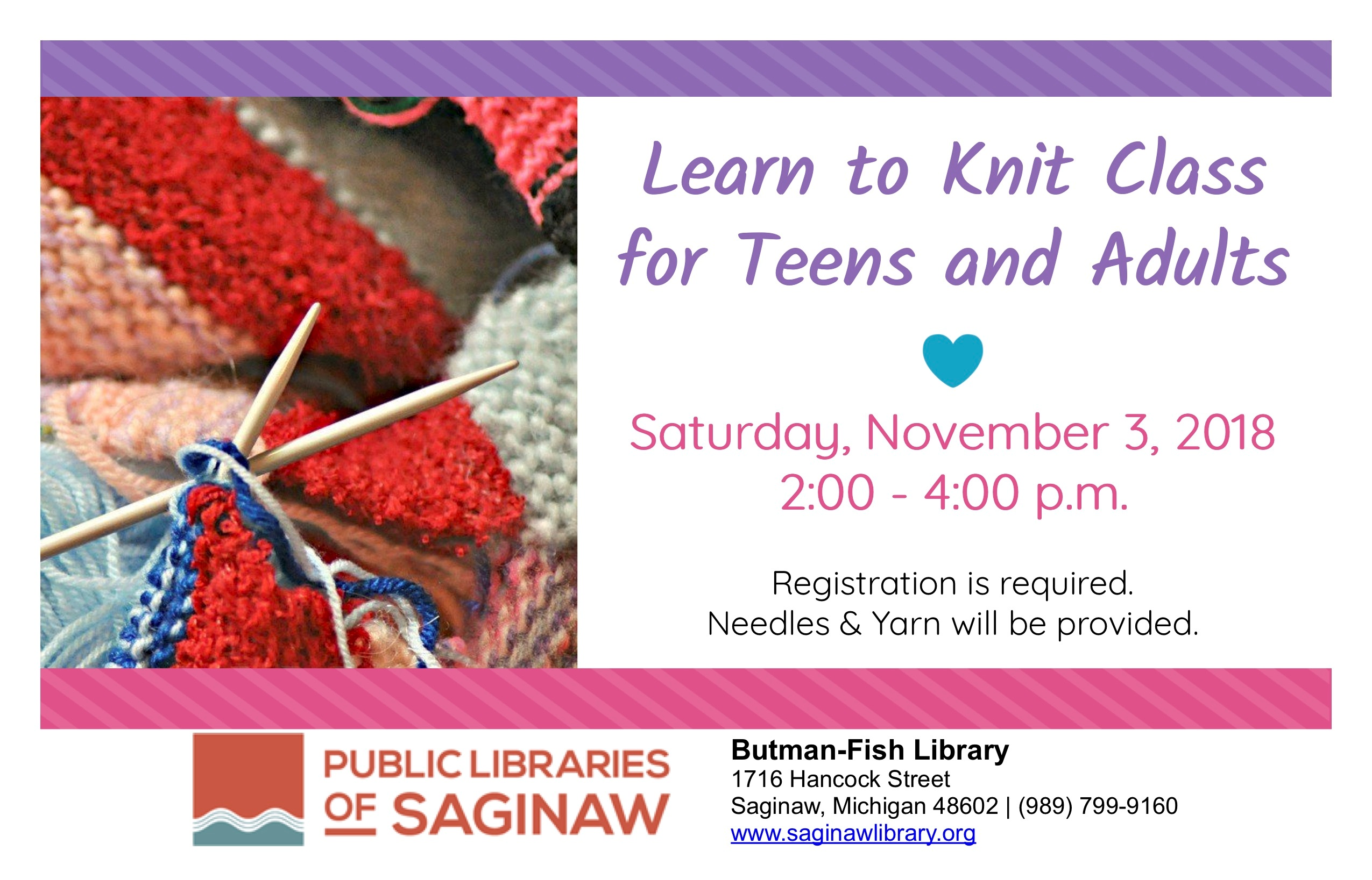 Learn to knit Saturday November 3 at 2pm- Teens and Adults.