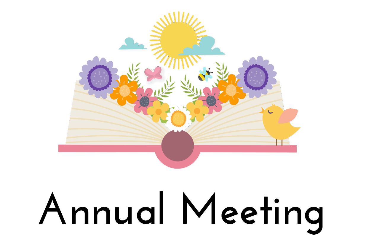 open book with spring flowers and the words "Annual Meeting" 