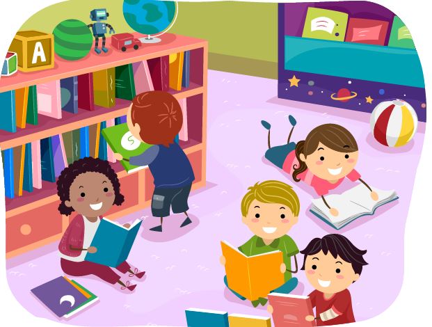 Cartoon image of children enjoying story time.