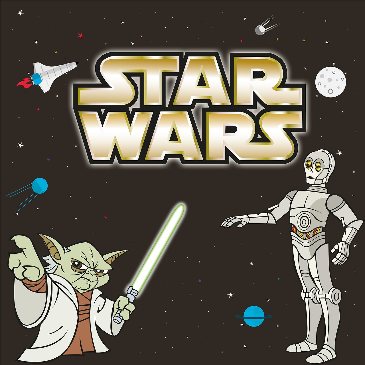 star wars logo with yoda and C3-PO