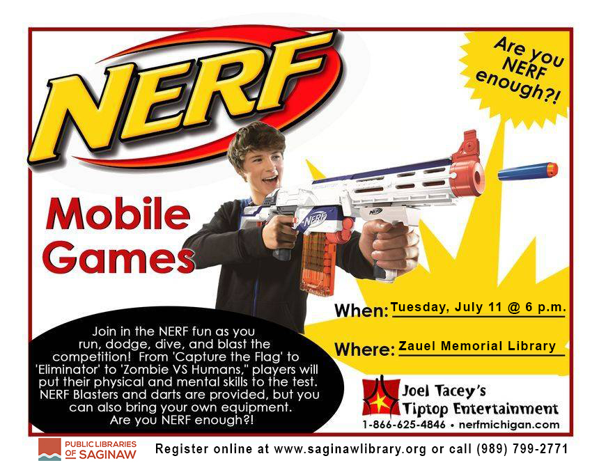 NERF Mobile Games at Zauel Library July 11 at 6 p.m. Registration is required.