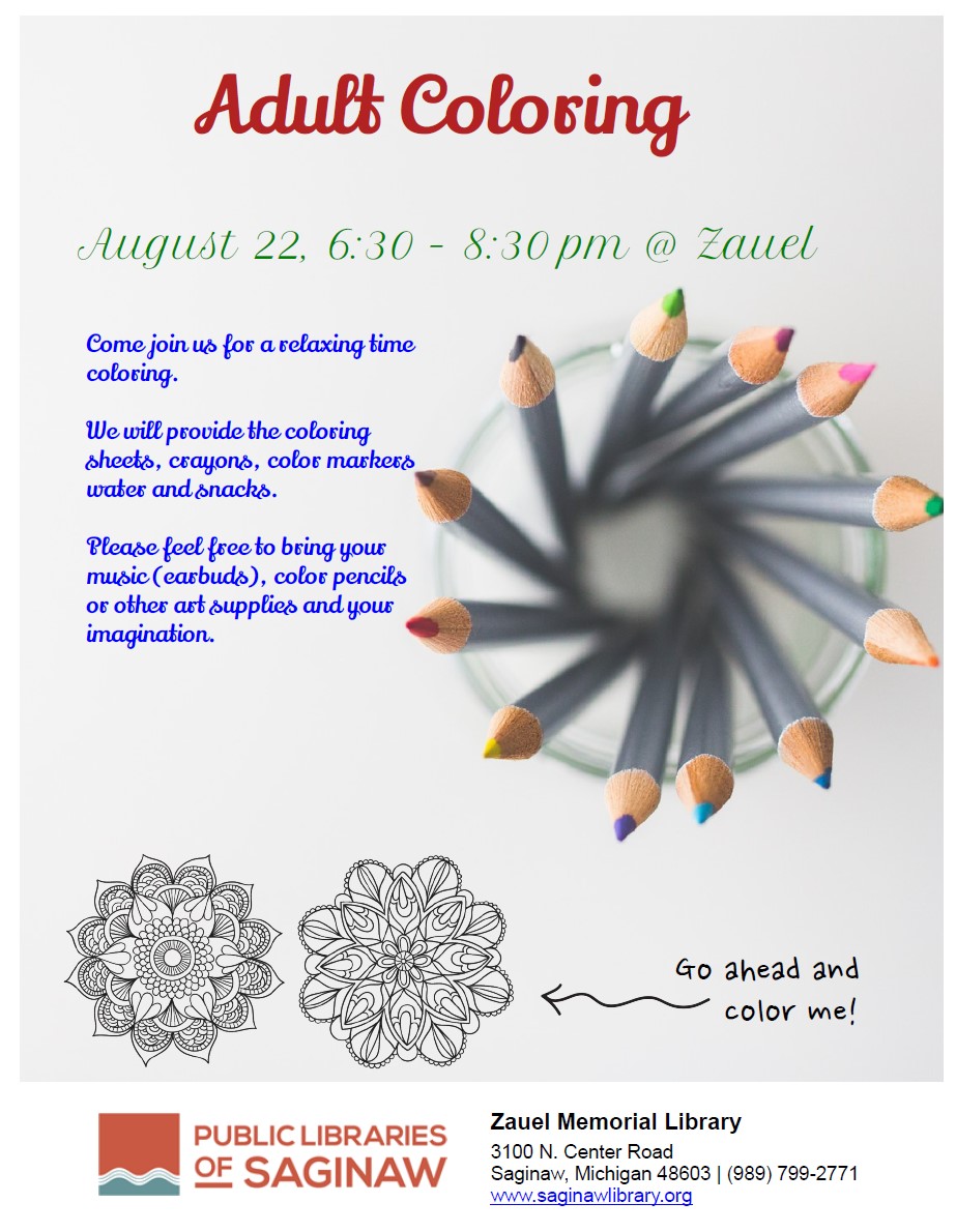 Adult Coloring at Zauel August 22 - 6:30 to 8:30 p.m.