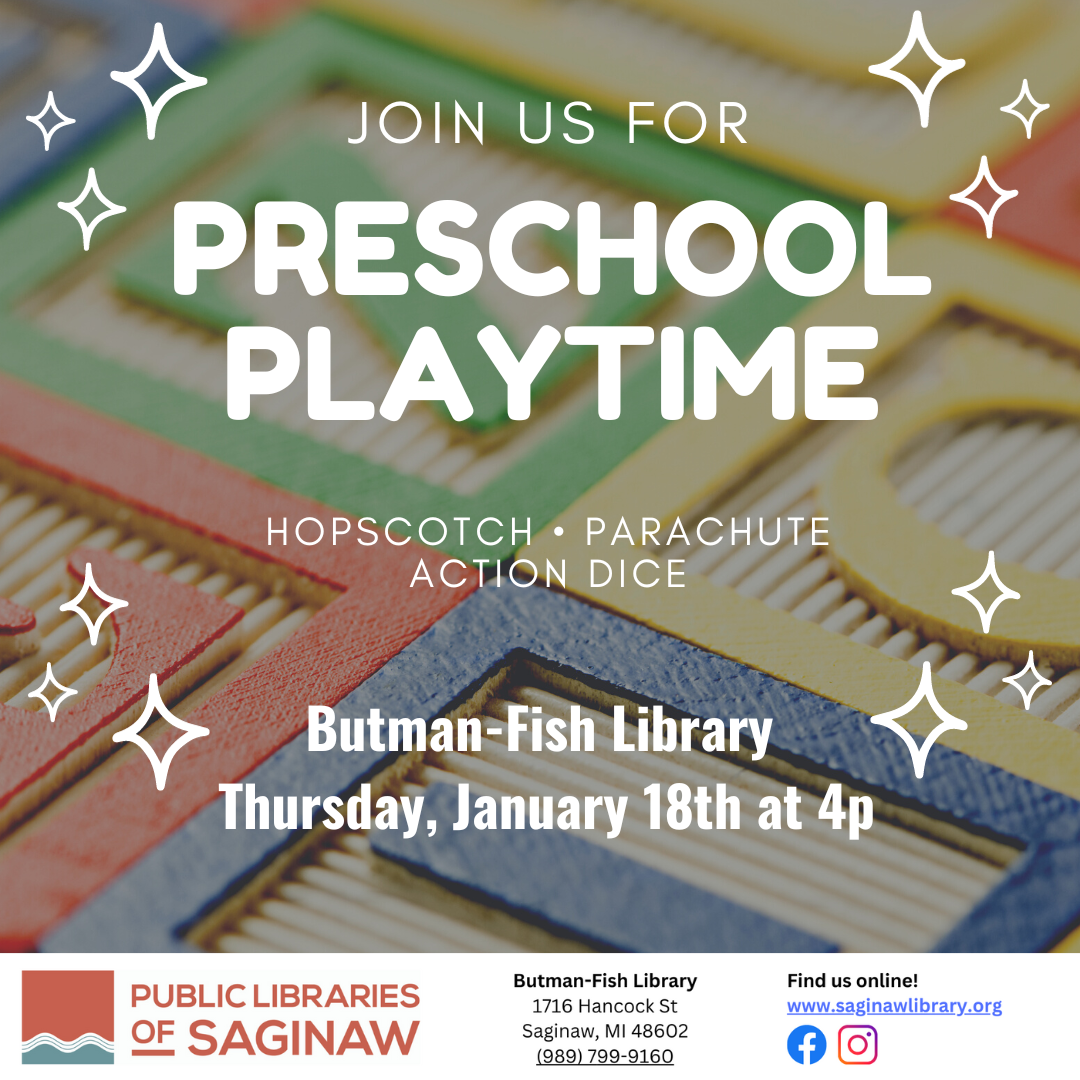 Join us for Preschool Playtime: Hopescotch, Parachute, Action Dice and more! At Butman-Fish Library Thursday, February 29th at 4 pm