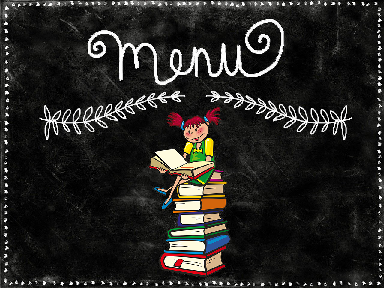 Blackboard menu with picture of little girl sitting on a stack of books
