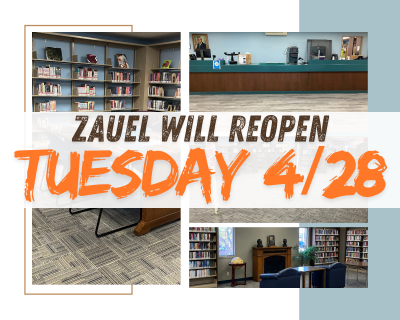 Photo collage showing photos of the new blue, gray and tan carpet and gray luxury vinyl tile at Zauel Library with a notice saying "Zauel will reopen Tuesday, April 28"