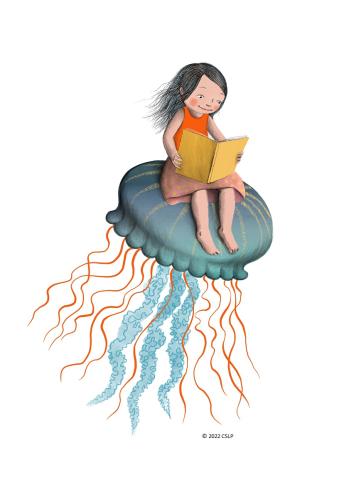 Girl reading a book on top of a jellyfish