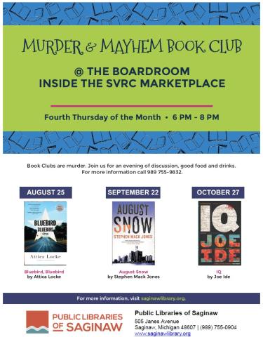 Murder & Mayhem Book Club meets at The BoardRoom inside the SVRC Marketplace the Fourth Thursday of the Month