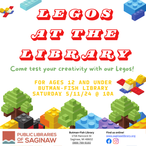 Lego Night at the Library: Come test your creativity with our Legos! For ages 12 and under. Butman-Fish Library Saturday, May 11th at 10am