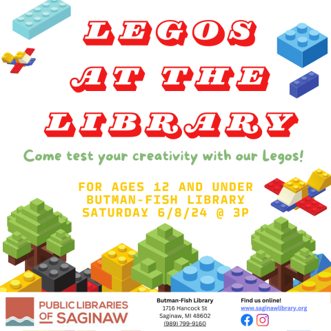 Lego Night at the Library: Come test your creativity with our Legos! For ages 12 and under. Butman-Fish Library Saturday, June 8th at 3 pm