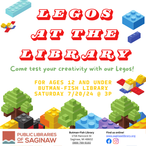 Lego Night at the Library: Come test your creativity with our Legos! For ages 12 and under. Butman-Fish Library Saturday, July 20th at 3 pm