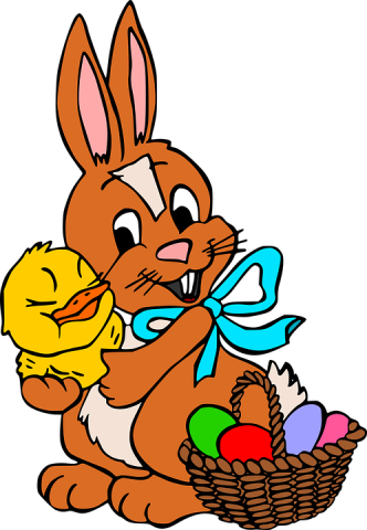 Easter bunny, chick, and eggs are shown.