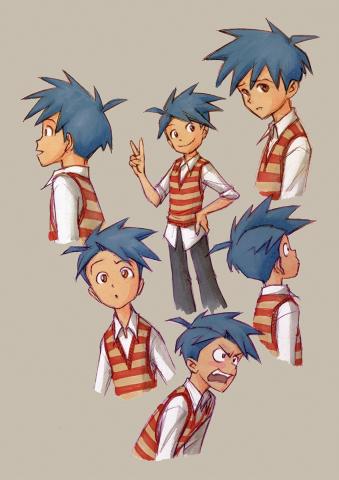 Manga-style illustration of a blue-haired boy in various poses