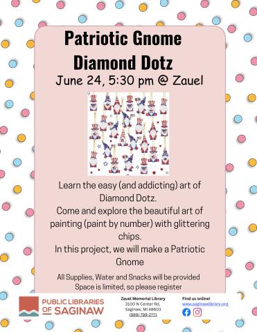 Patriotic Gnome Diamond Dotz flyer with examples in picture
