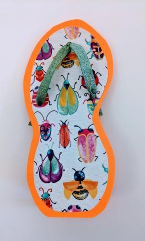 Brightly colored flip flop shaped greeting card made with paper, cardstock, and ribbon.