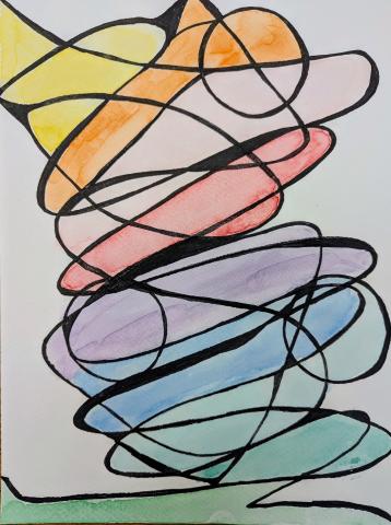 Black marker scribbled outlines were watercolor painted in yellow, orange, pink, red, purple, blues and greens,