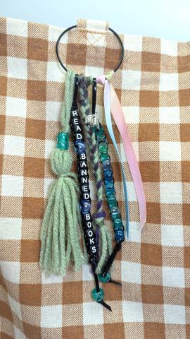 Banned Book Week Bag Charm including pony beads, yarn and ribbon