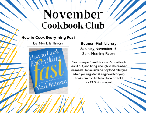 Flyer for November Cookbook club showing the cover of a cookbook