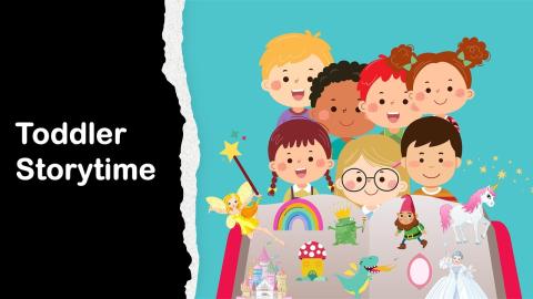 Cartoon drawing of children with an open book next to the title, "Toddler Storytime."