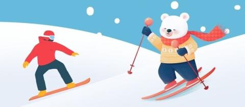 Cartoon illustration of a man in a red jacket snowboarding next to a polar bear wearing a yellow jacket, dark snow pants and red scarf downhill skiing on slopes beneath a snowy sky