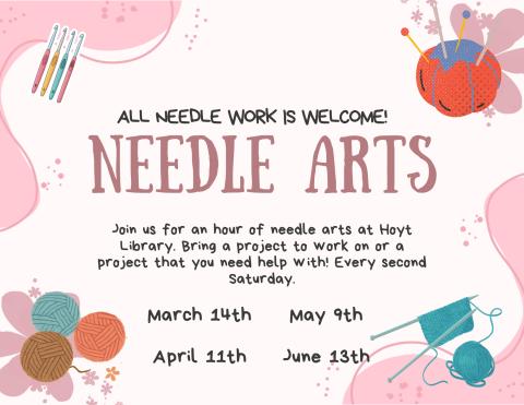 The Needle Arts flyer with pink details, balls of yarn, crochet hooks, knitting, and a sewing cushion