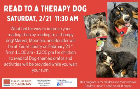 Flyer showing Therapy Dogs Marvel, Moon Pie and Boulder, with details about the Read to a Therapy Dog event