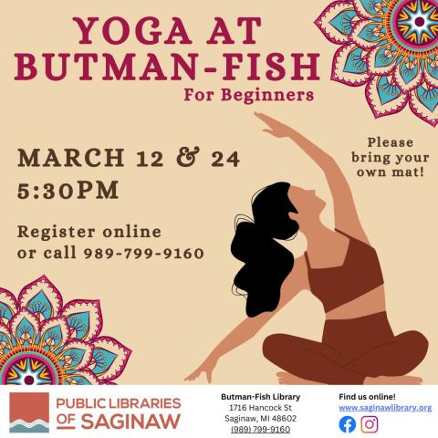 flyer for Yoga at Butman-Fish Library with dates March 12 and 24, event at 5:30pm.