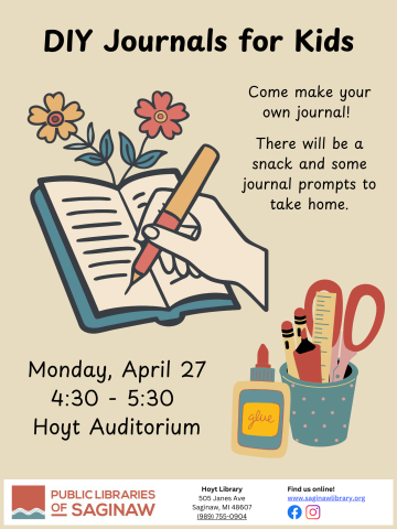 Journal Making for Kids, Monday April 27, 4:30 - 5:30 pm, Hoyt Library Auditorium
