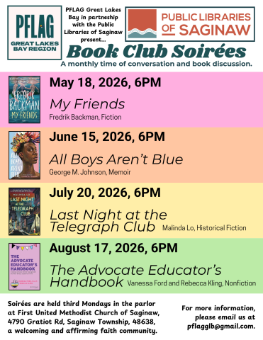 May through August schedule of Book Club Soirees, showing book covers for "My Friends", "All Boys Aren't Blue", "Last Night at the Telegraph Club" and "The Advocate Educator's Handbook"