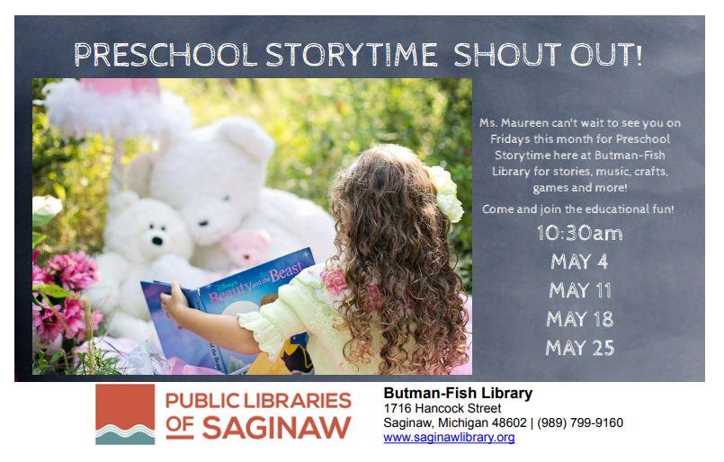 PRESCHOOL STORYTIME FRIDAYS AT 10:30 IN MAY