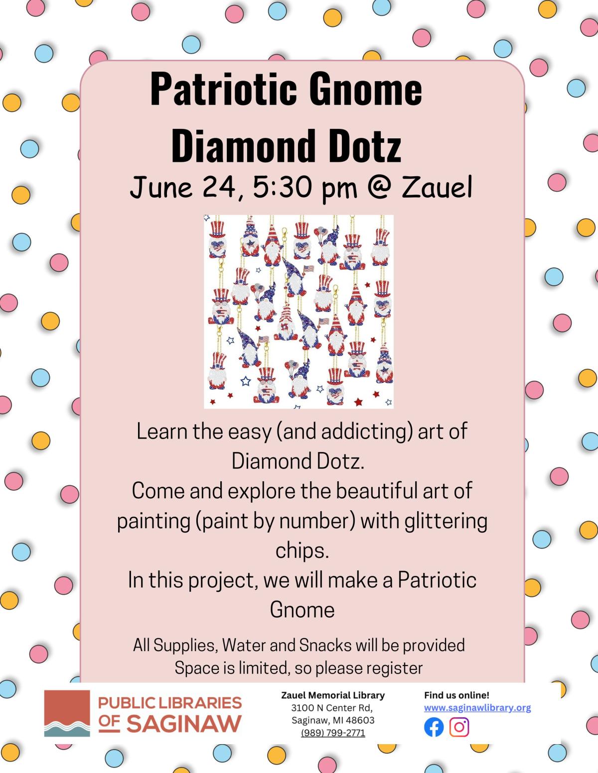 Patriotic Gnome Diamond Dotz flyer with examples in picture
