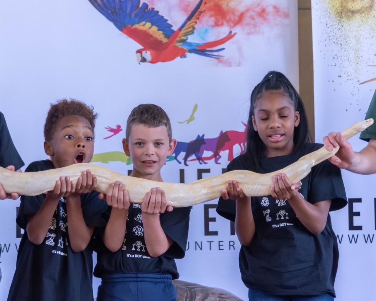 Three excited children hold a snake at an animal program