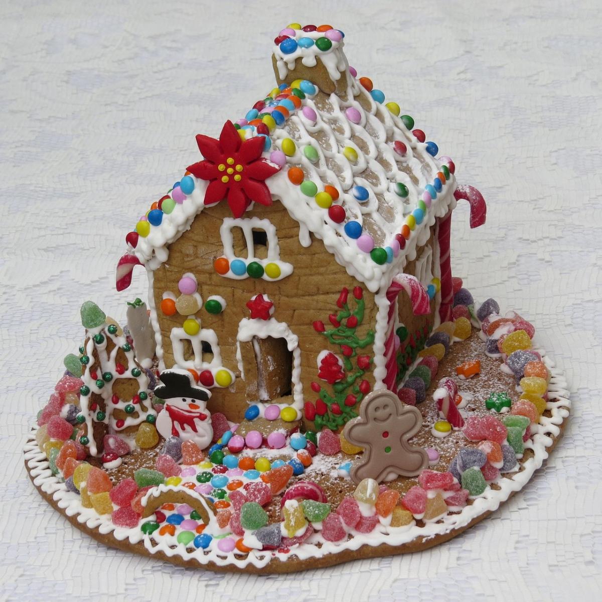 A picture of a gingerbread house is shown with frosting and candy decorations.
