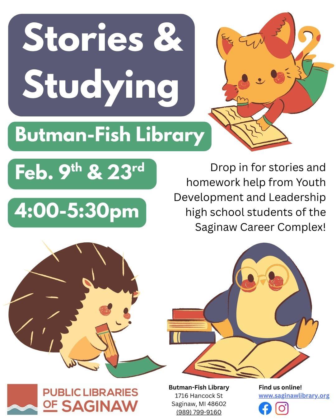 flyer with animals for stories and studying program